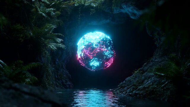 Glowing Sphere in Cave Surrounded by Lush Foliage
