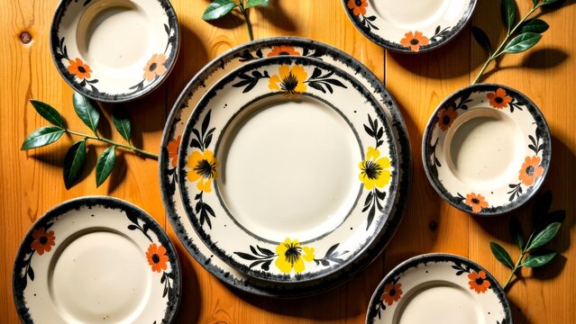 Floral Ceramic Dinnerware Set on Wood