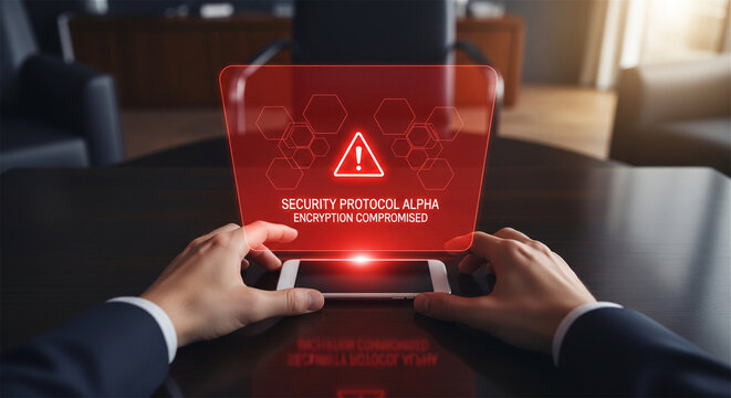 Cybersecurity data breach alert, red security protocol alpha warning