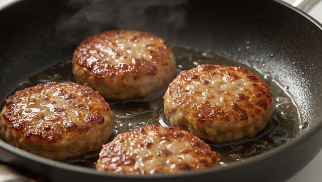 Goldenbrown vegan sausage patties sizzling in a pan with appetizing steam and juicy texture for plantbased breakfast