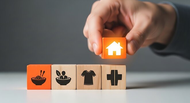 Conceptual image of basic needs represented by icons on wooden blocks.