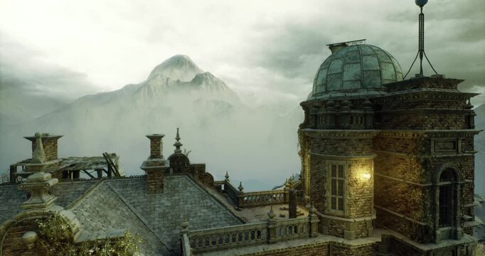 nocturnal fortress bathed in warm lights, glowing windows punctuating dark stone walls, fog drifting around towers, cinematic noir mood with dramatic contrast