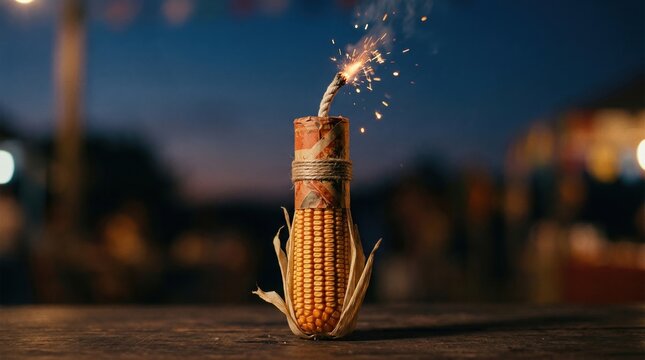 Corn cob firework rocket with lit fuse and sparks on a rustic wooden table at twilight, creative festive decoration concept with copy space for advertising