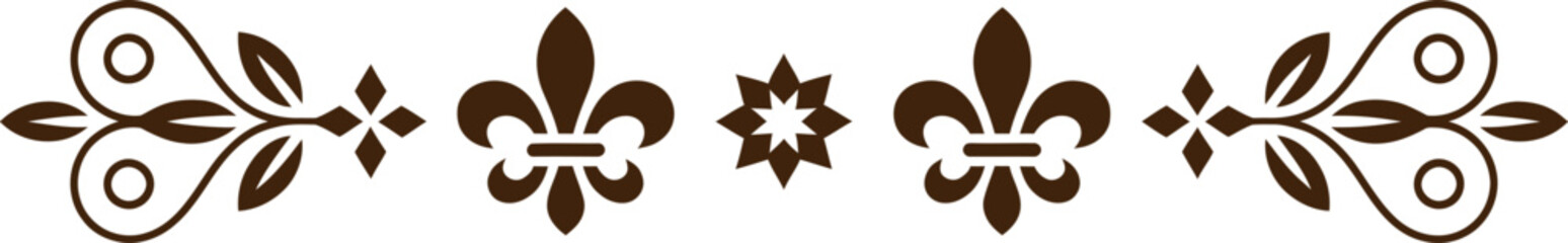 Brown ornamental fleur de lis and leaf designs on transparent background © VectoLover
