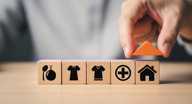 Hand placing wooden block with house icon completing row of essential needs.