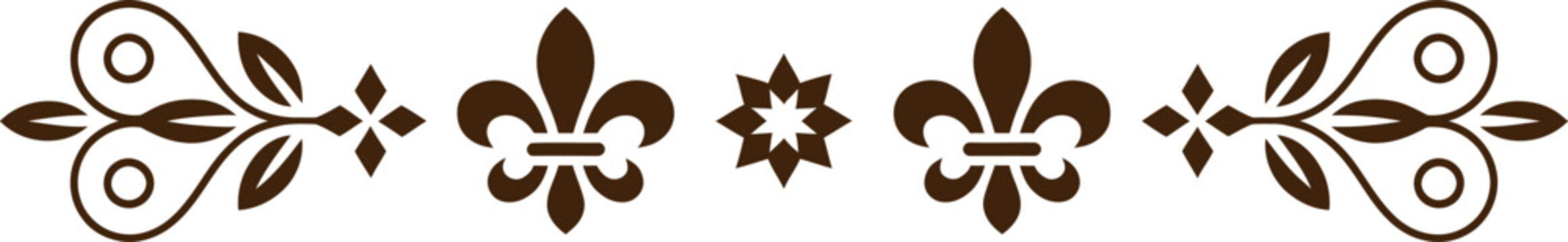 Brown ornamental fleur de lis and leaf designs on transparent background