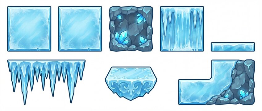 Versatile set of stylized ice blocks, icicles, and crystal-infused rock platforms for game level design. Perfect for fantasy, winter, or cold environment themes.