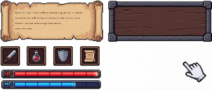 A comprehensive set of pixel art retro game UI elements including ancient scroll, wooden board, HP/MP bars, sword, potion, shield, quest icons, and hand cursor. Perfect for 8-bit style RPGs and 