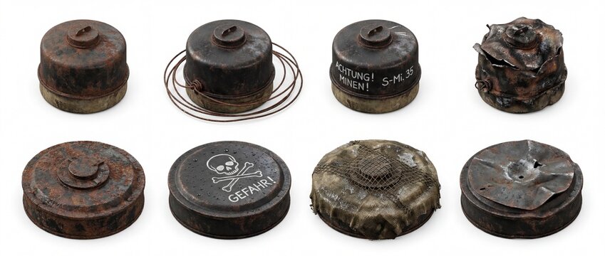 Detailed collection of rusty anti-personnel landmines (S-mine 35 type) in various states, some with German danger warnings. Illustrates historical war danger.