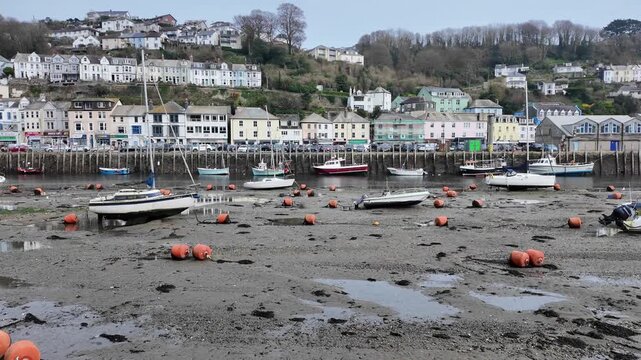 Looe Cornwall England UK. 23.03.2026. Video. Low water at Looe Cornwall showing the orange buoys on the seabed on a dull day in early spring.
