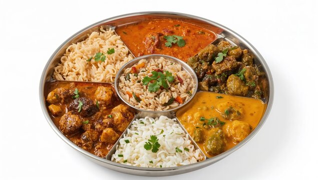Traditional indian vegan thali with assorted colorful curries, rice, noodles, and vegetable dishes on white background