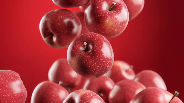 Fresh Red Apples Falling and Floating in MidAir.