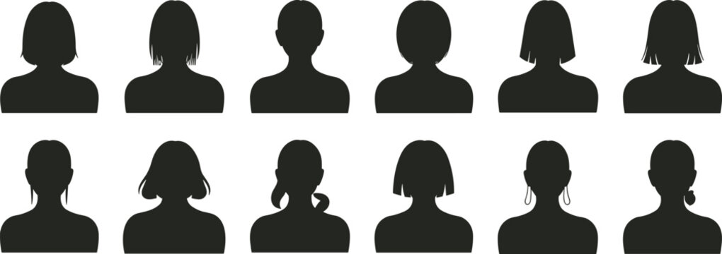 Silhouettes of diverse female hairstyles and head profiles on a white background woman