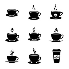 Obraz premium Coffee Cup Icons Set with Different Designs. A collection of black and white coffee cup icons in various designs and styles, perfect for use in graphic design or digital media.