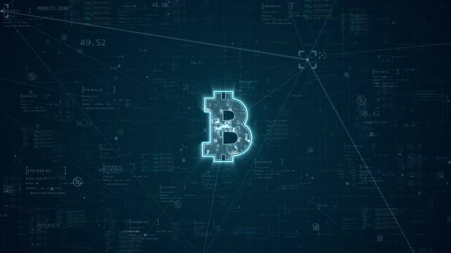 Motion graphic of bitcoin symbol, blockchain finance interface and crypto data network, creating a futuristic digital currency background for fintech marketing and technology videos.