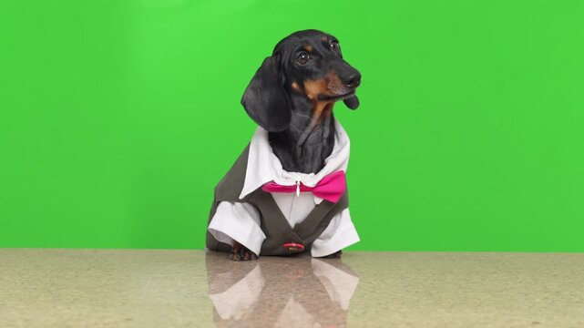 A black dachshund in a white tuxedo with a pink bow tie sits at a bar counter against a green background chroma key.