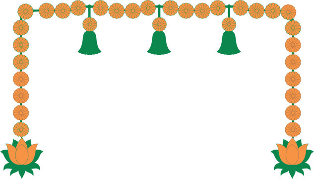 Orange and green floral frame with bells and lotus flowers isolated on transparent background