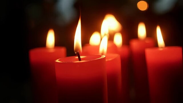 Community members lighting red black green candles together at ceremony, flames glowing warm, dusk bokeh crowd, macro cinematic Juneteenth commemorative video