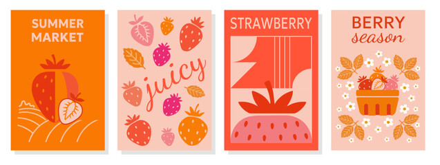 Fototapeta premium Summer strawberry market vector collection with juicy berries and garden elements