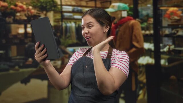 Woman in striped shirt and apron holding a tablet blows a kiss toward the screen while smiling inside a building shop; cheerful customer connection.