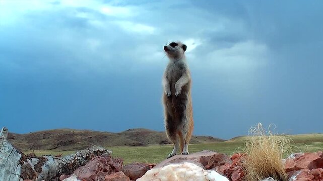 free living meerkat or suricate standing on lookout looking around 13.2