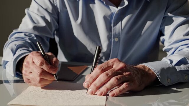 Man writes with two hands simultaneously. This ambidextrous man uses pen in each hand to write on paper. His hands move together, showcasing his skill. The man writes a letter. A concept of ambidexter
