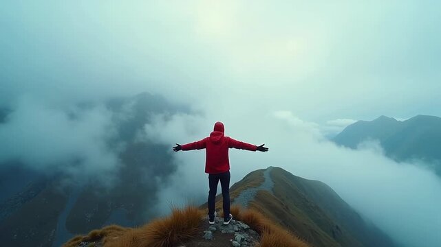 Hiker in red jacket standing on misty mountain peak, arms raised triumphantly, dramatic cloud sea below, wide angle cinematic landscape shot
