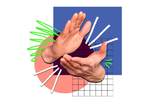 Composite photo collage of hands clap applause performance appreciation encouragement ceremony victory isolated on painted background
