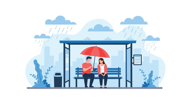 Man and woman sharing an umbrella at a city bus stop while it rains under a cloudy blue sky with modern city silhouettes.