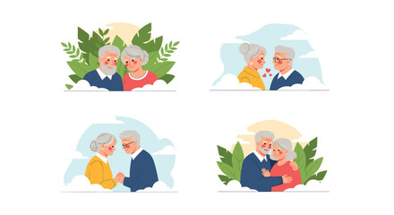 Fototapeta premium Collection of four illustrations showing happy elderly couples being romantic and affectionate in various outdoor settings.