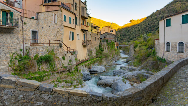 Panoramic view of the ancient medieval village of Zuccarello, located in the Neva River valley, in the province of Savona in Liguria, Italy.