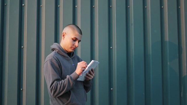 Focused young man with buzz cut writing notes in a notebook outdoors against a corrugated metal wall, studying or planning