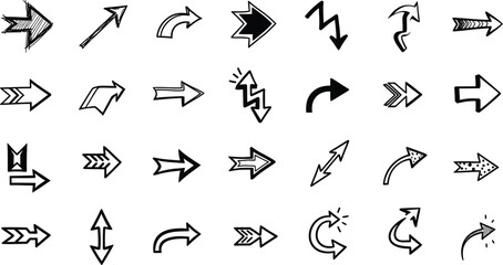 Naklejka premium Collection of black and white hand drawn arrow icons and directional symbols