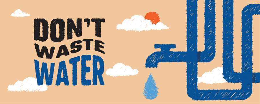 Don't waste water. Illustration of a dripping tap. Environmental concern.