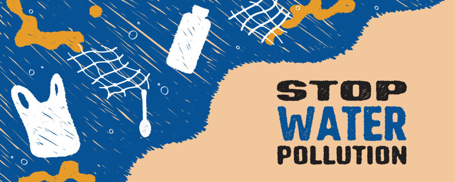 Stop water pollution. Plastic trash and oil on the sea. Environment pollution.