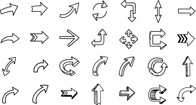 Collection of hand drawn arrow icons diverse directions and styles for visual communication