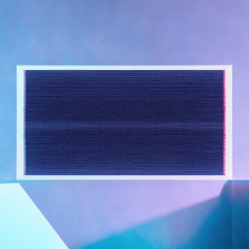 Retro digital television screen displaying abstract signal noise and glitch art interference pattern with purple and blue glowing neon light as creative background copy space