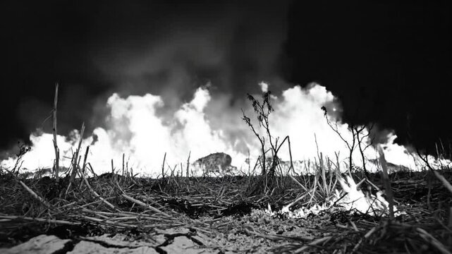 Low-angle shot of a burning field at night creates a dramatic, ominous, and bleak visual in black and white