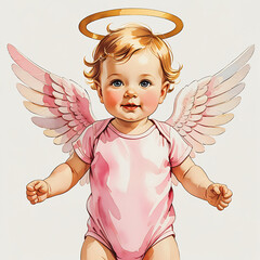 Fototapeta premium Adorable baby angel cherub with golden halo and pink wings wearing a pink onesie in a light background illustration for nursery decor or religious celebration.