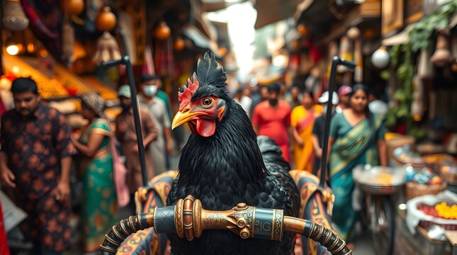 Colorful rooster standing on green grass isolated on white background
