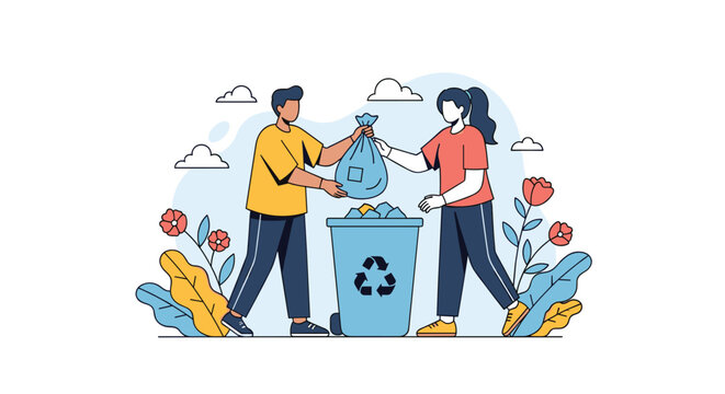 Two volunteers working together to place recycling bags into a blue bin decorated with a recycle symbol in a park with flowers.