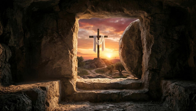 Empty Tomb of Jesus Christ with Cross at Sunrise &ndash; Resurrection Concept