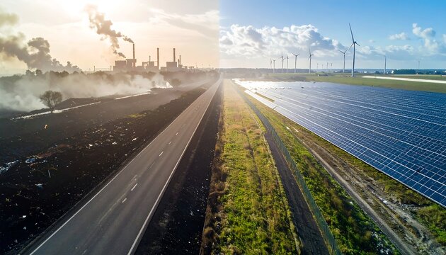 Split road contrasting pollution from factory smokestacks with clean solar panels and wind turbines under blue skies with clouds