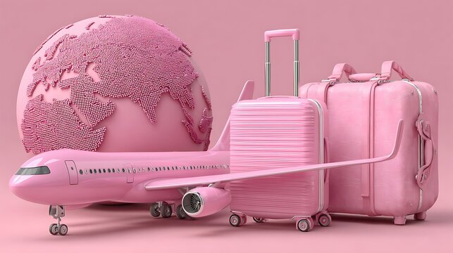 Pink airplane model with a pink globe and two pink suitcases on a solid pink studio