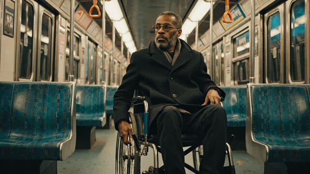 Man in wheelchair rides subway train alone. Disabled passenger sits in metro car. Man travels in wheelchair on public transport. Subway passenger in wheelchair. Man sits alone in train car.