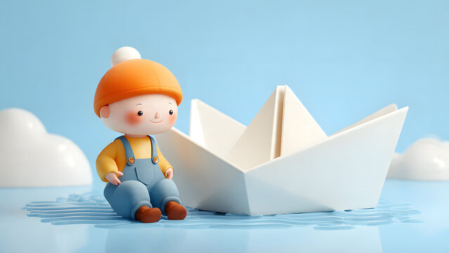 3D-rendered illustration of a young boy character sitting beside a white origami paper boat. 