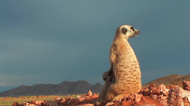 meerkat or suricate baby sucks while mother watches the surroundings attentively 15.1       
