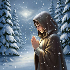 A nun or hermit praying in a winter forest, a snowy atmosphere, a mystical image for spiritual holidays, Christmas or New Year