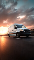 Naklejka premium Delivery van driving on highway at sunset, logistics and transportation concept