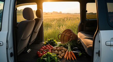 Fresh vegetables and a harvest basket filled with sunlight on the background of a summer field, naturalistic photography style